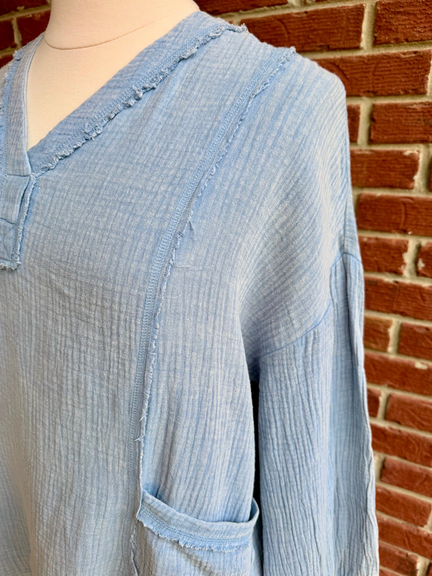 Plus Oversized Blue Washed Cotton Gauze Top
