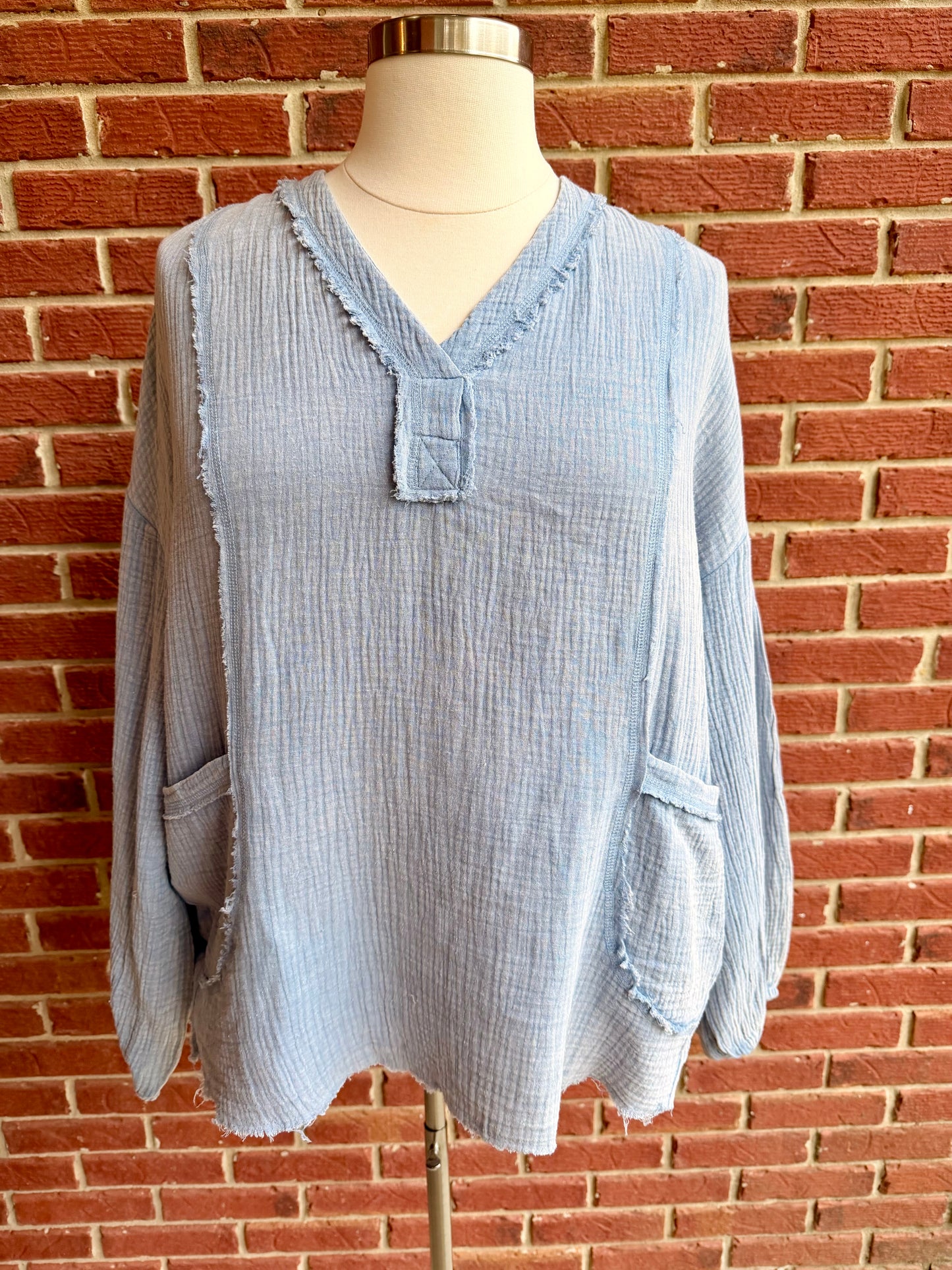 Plus Oversized Blue Washed Cotton Gauze Top