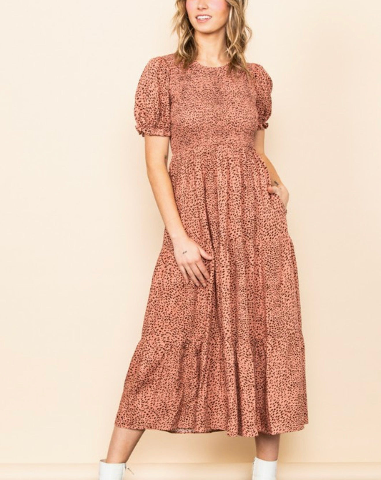 Puff Sleeve Print Midi Dress